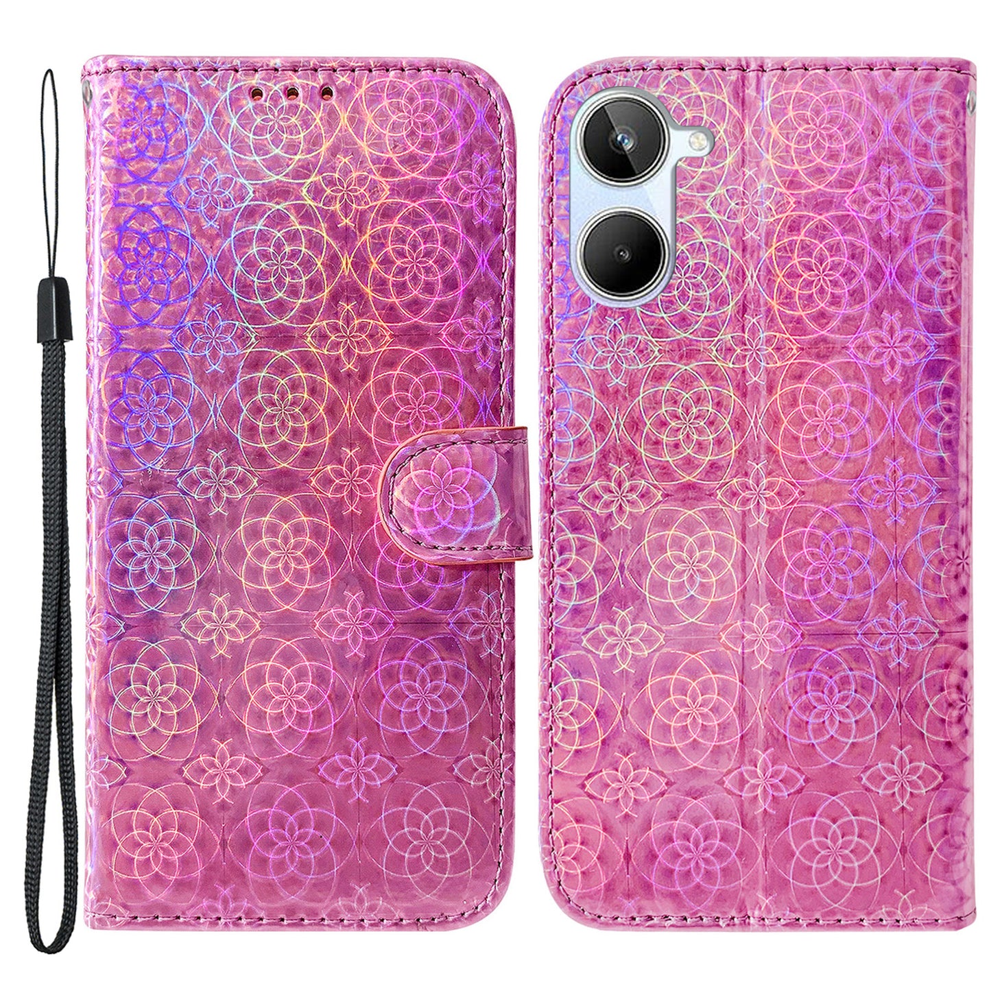 For Realme 10 4G Leather Phone Case Wallet Stand Dazzling Flower Pattern Phone Cover with Strap