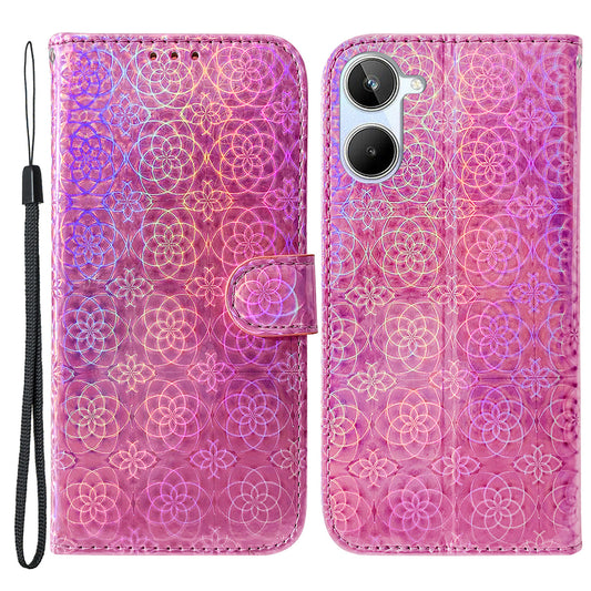 For Realme 10 4G Leather Phone Case Wallet Stand Dazzling Flower Pattern Phone Cover with Strap
