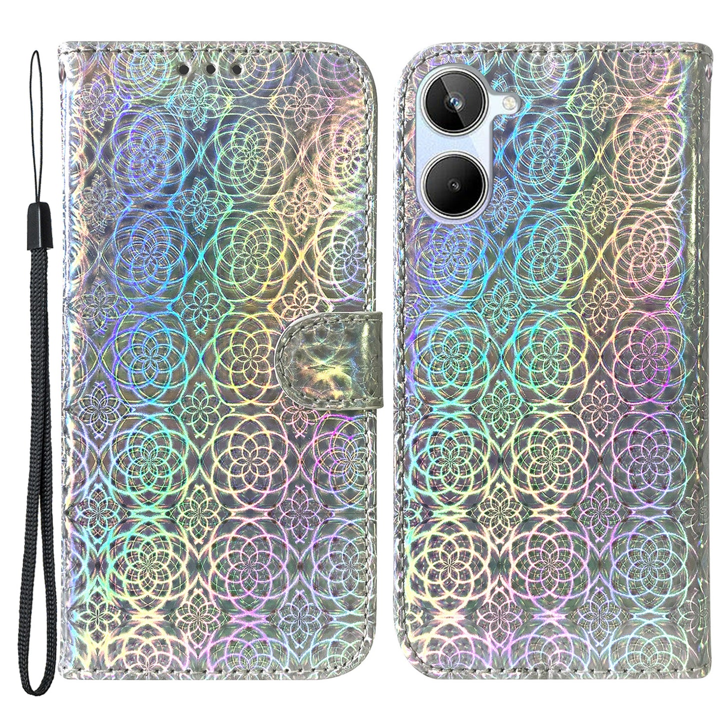 For Realme 10 4G Leather Phone Case Wallet Stand Dazzling Flower Pattern Phone Cover with Strap