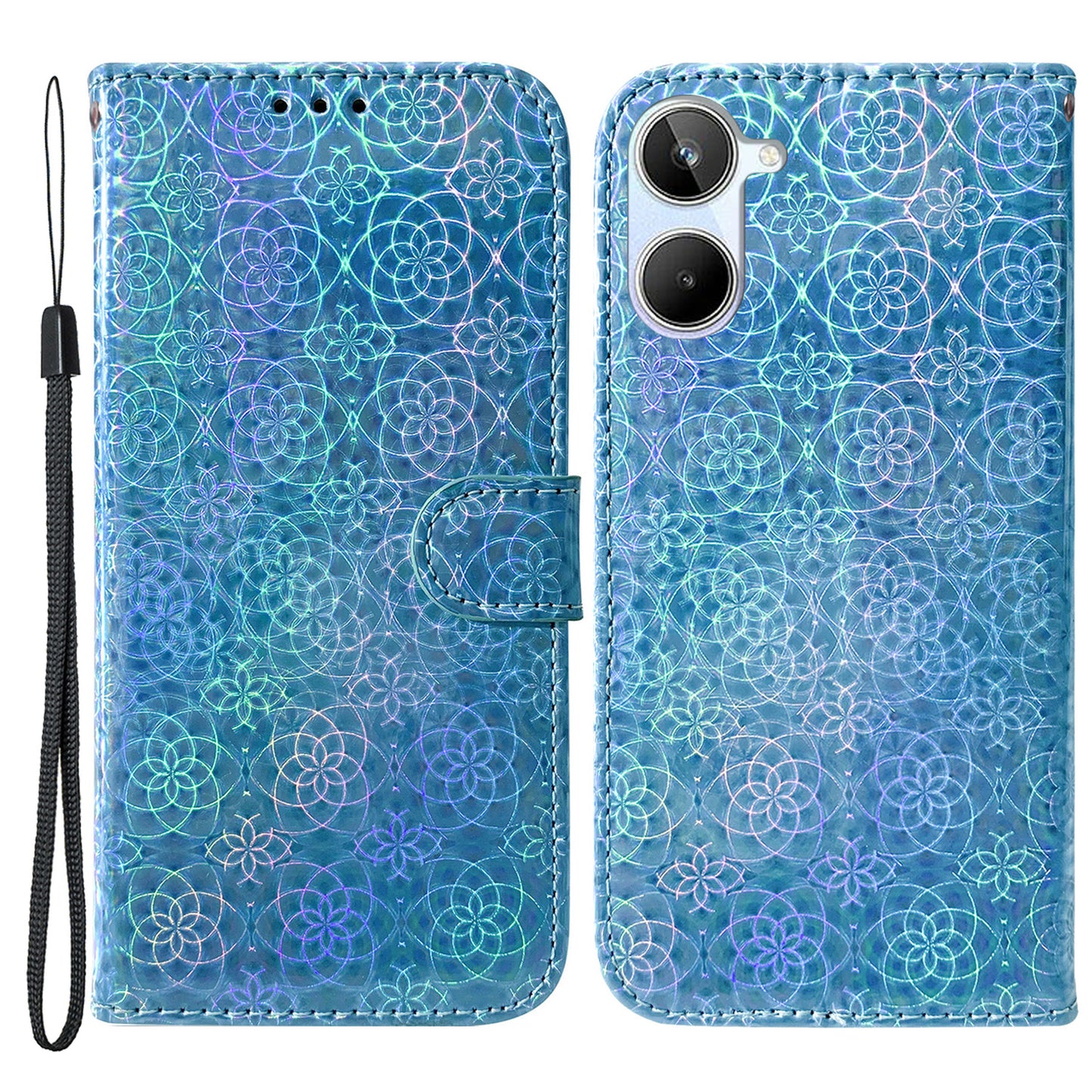 For Realme 10 4G Leather Phone Case Wallet Stand Dazzling Flower Pattern Phone Cover with Strap