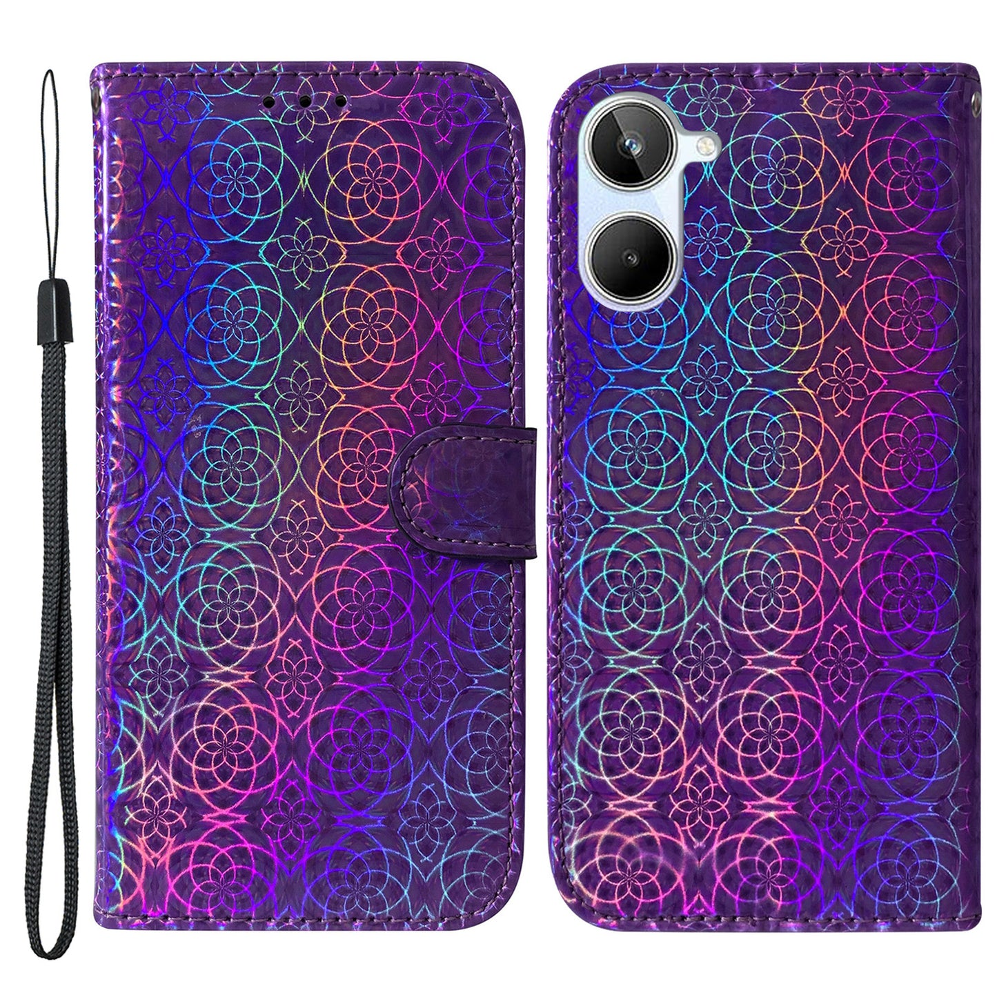 For Realme 10 4G Leather Phone Case Wallet Stand Dazzling Flower Pattern Phone Cover with Strap