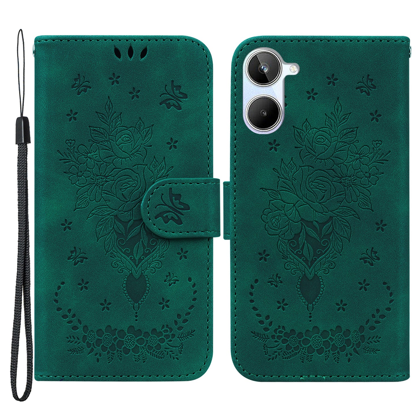 For Realme 10 4G PU Leather Phone Wallet Cover Imprinted Rose Butterfly Stand Phone Case with Strap