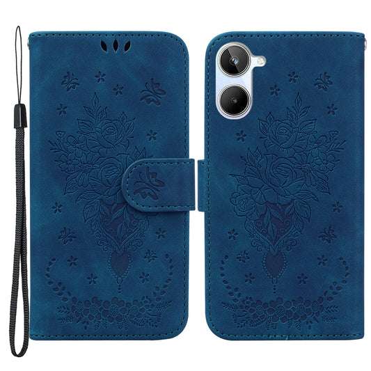 For Realme 10 4G PU Leather Phone Wallet Cover Imprinted Rose Butterfly Stand Phone Case with Strap