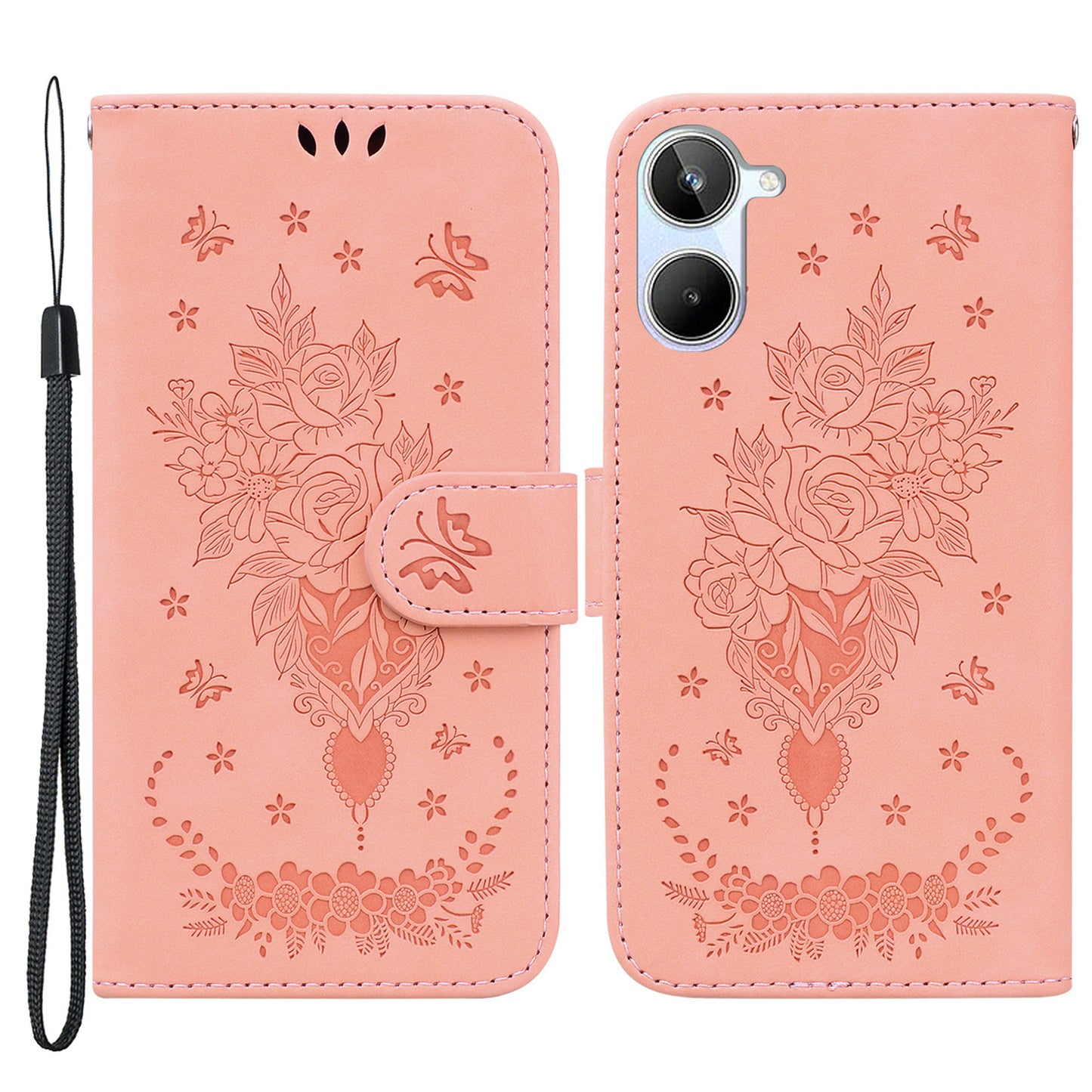For Realme 10 4G PU Leather Phone Wallet Cover Imprinted Rose Butterfly Stand Phone Case with Strap
