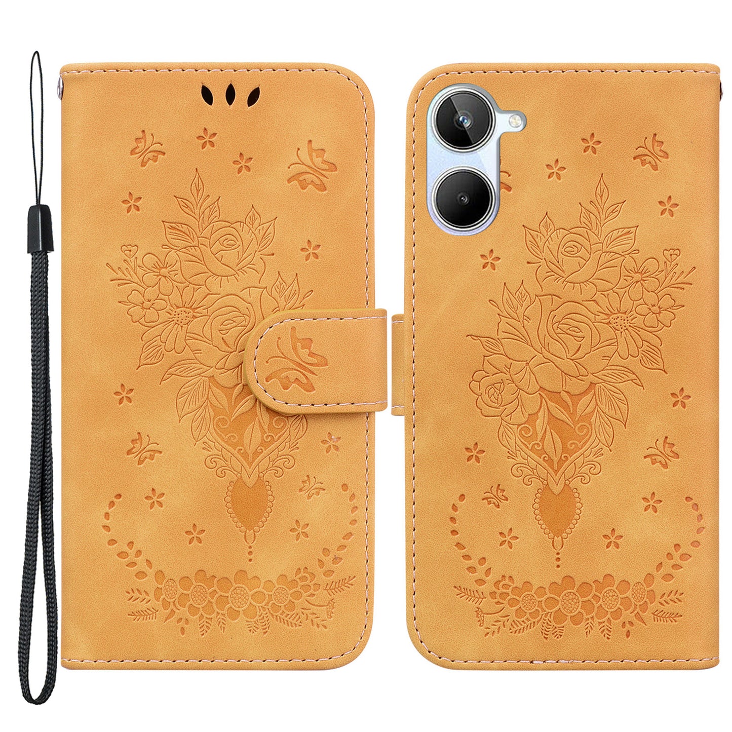 For Realme 10 4G PU Leather Phone Wallet Cover Imprinted Rose Butterfly Stand Phone Case with Strap