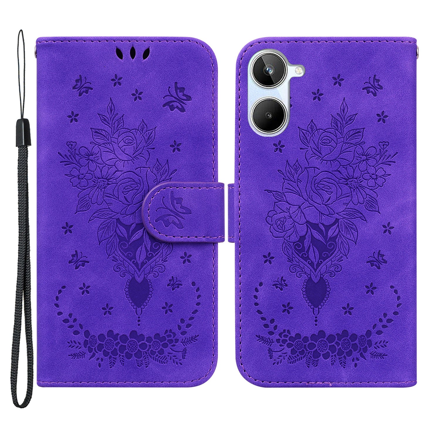 For Realme 10 4G PU Leather Phone Wallet Cover Imprinted Rose Butterfly Stand Phone Case with Strap