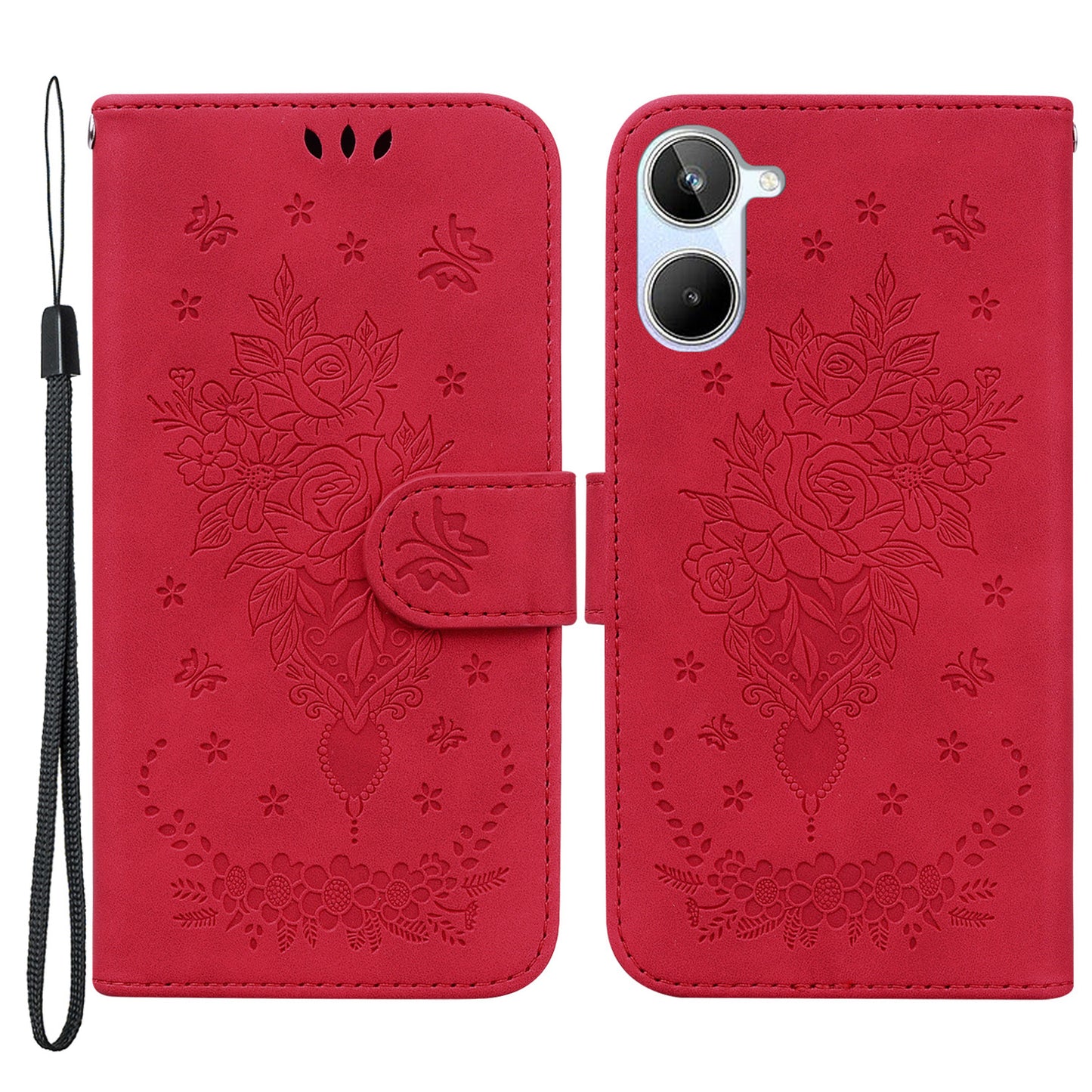 For Realme 10 4G PU Leather Phone Wallet Cover Imprinted Rose Butterfly Stand Phone Case with Strap