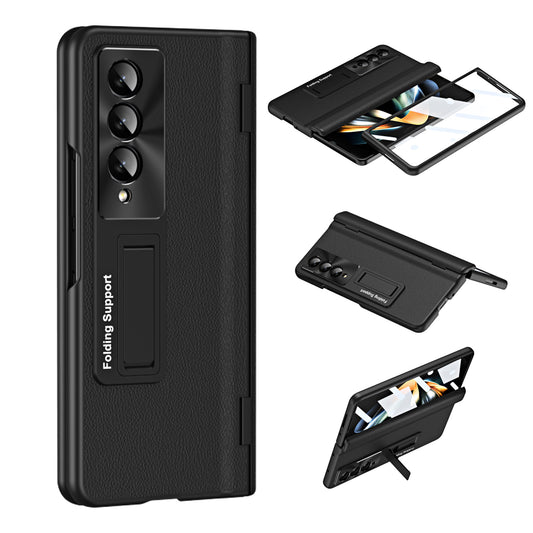 For Samsung Galaxy Z Fold4 5G Hinge Protection Phone Case PU Leather Coated PC Kickstand Cover with Tempered Glass Film