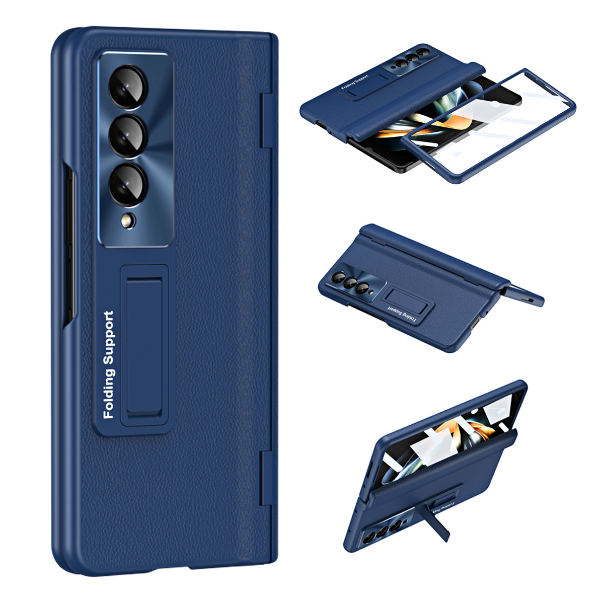For Samsung Galaxy Z Fold4 5G Hinge Protection Phone Case PU Leather Coated PC Kickstand Cover with Tempered Glass Film