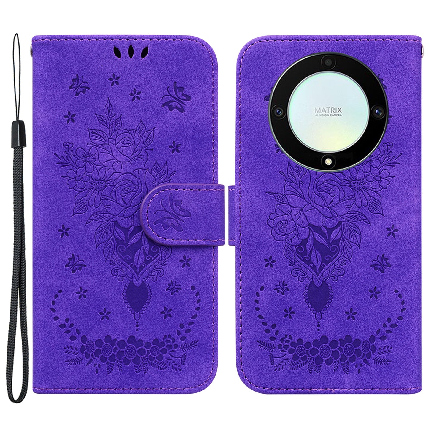 For Honor X40 5G / X9a 5G / Magic5 Lite 5G Leather Wallet Case Rose Butterfly Imprinted Foldable Stand Phone Cover