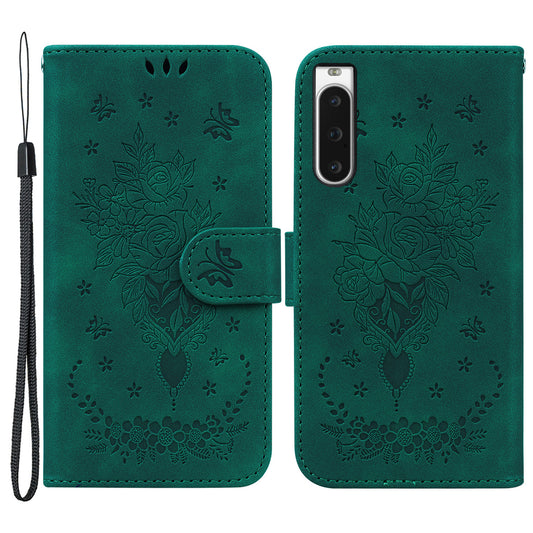 Wallet Leather Case for Sony Xperia 10 V Rose Butterfly Imprinted Stand Phone Cover