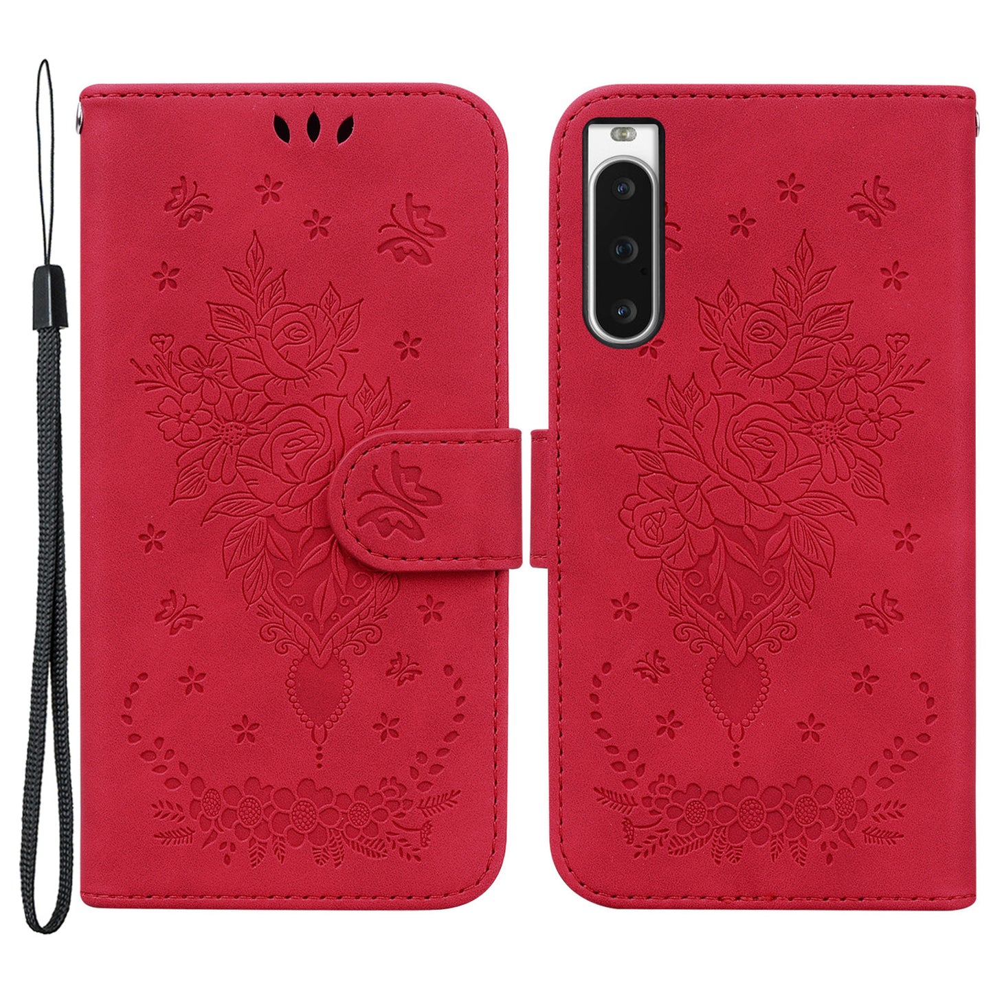 Wallet Leather Case for Sony Xperia 10 V Rose Butterfly Imprinted Stand Phone Cover