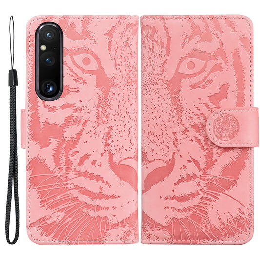 For Sony Xperia 1 V PU Leather Wallet Case Tiger Imprinted Folding Stand Phone Cover