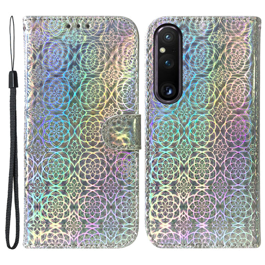 For Sony Xperia 1 V Leather Phone Case Dazzling Flower Pattern Anti-scratch Wallet Stand Cover