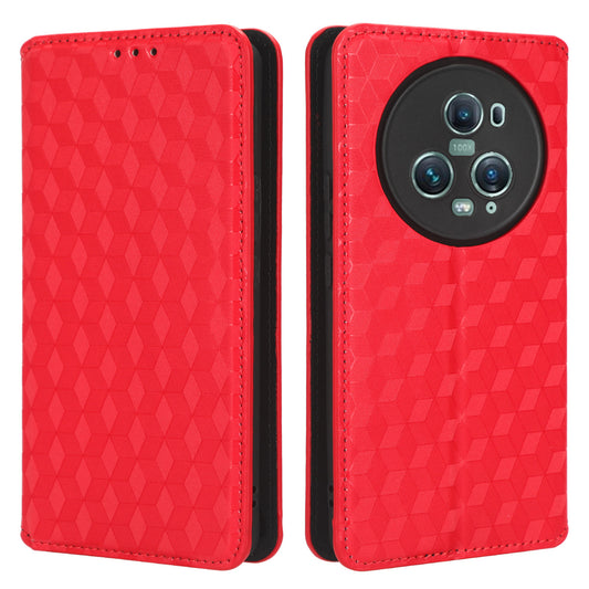 For Honor Magic5 Pro Phone Leather Case Imprinted Rhombus Pattern Wallet Stand Protective Phone Cover