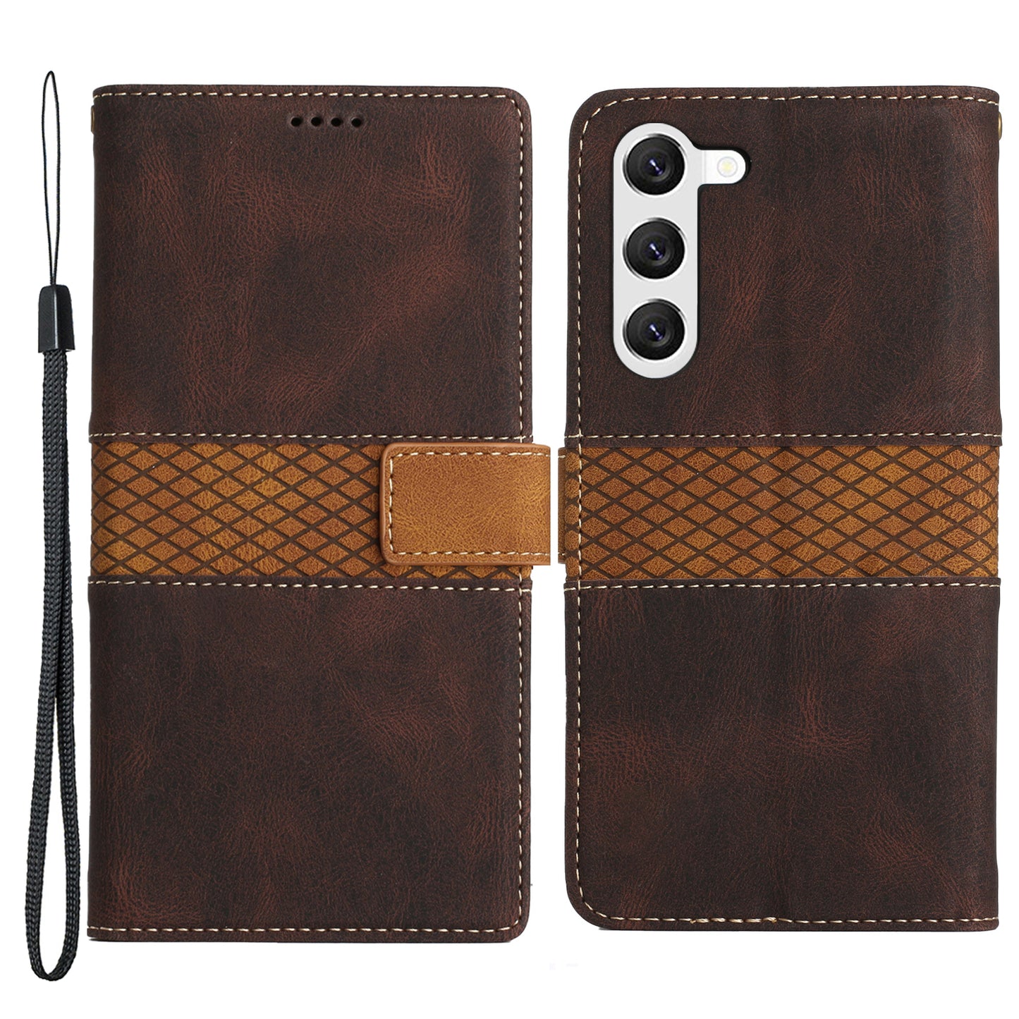 For Samsung Galaxy S23 Grid Splicing PU Leather Folio Stand Cover Magnetic Flip Wallet Phone Case with Strap