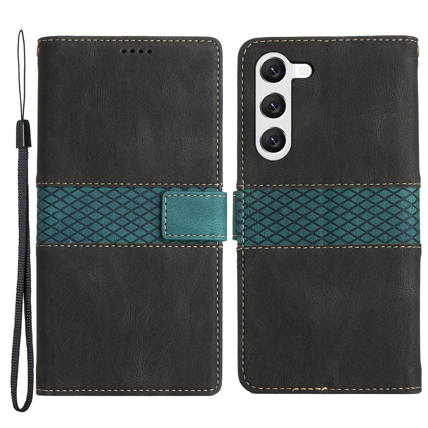 For Samsung Galaxy S23 Grid Splicing PU Leather Folio Stand Cover Magnetic Flip Wallet Phone Case with Strap