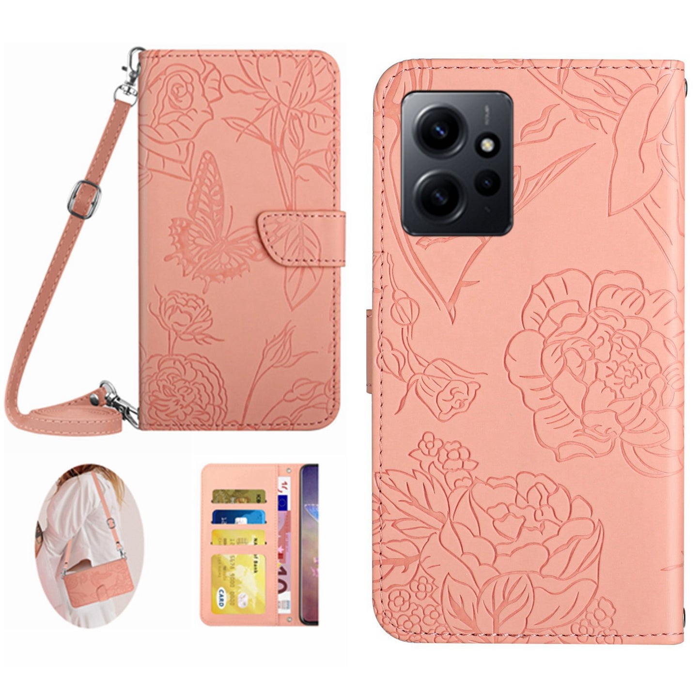 HT03 For Xiaomi Redmi Note 12 4G Skin-touch Butterfly Flowers Imprinted Wallet Stand Case Leather Cover with Shoulder Strap