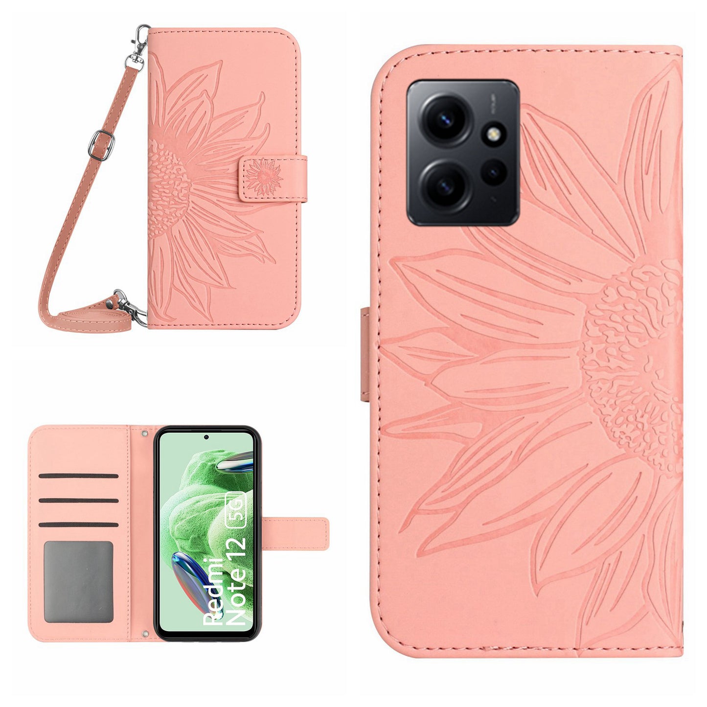 For Xiaomi Redmi Note 12 4G HT04 Sunflower Pattern Stand Cover Leather Wallet Phone Case with Shoulder Strap