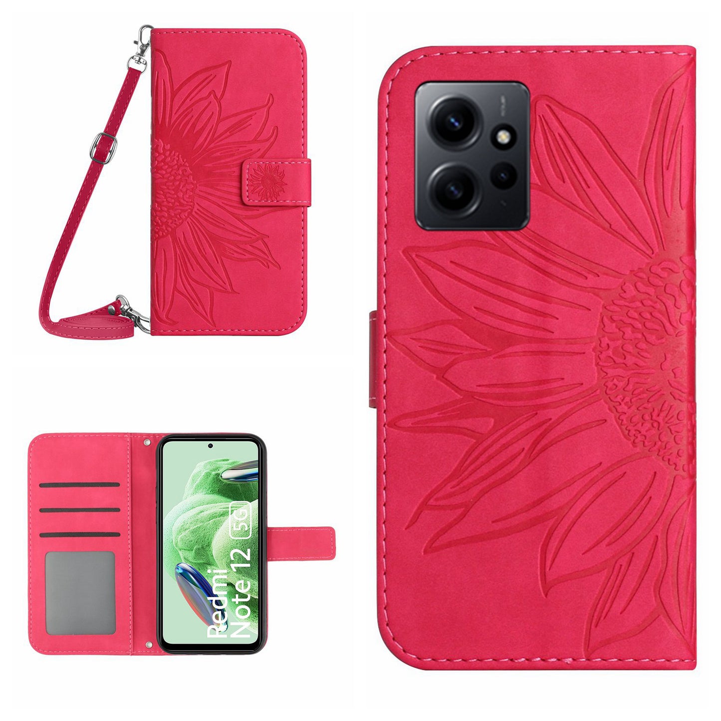 For Xiaomi Redmi Note 12 4G HT04 Sunflower Pattern Stand Cover Leather Wallet Phone Case with Shoulder Strap