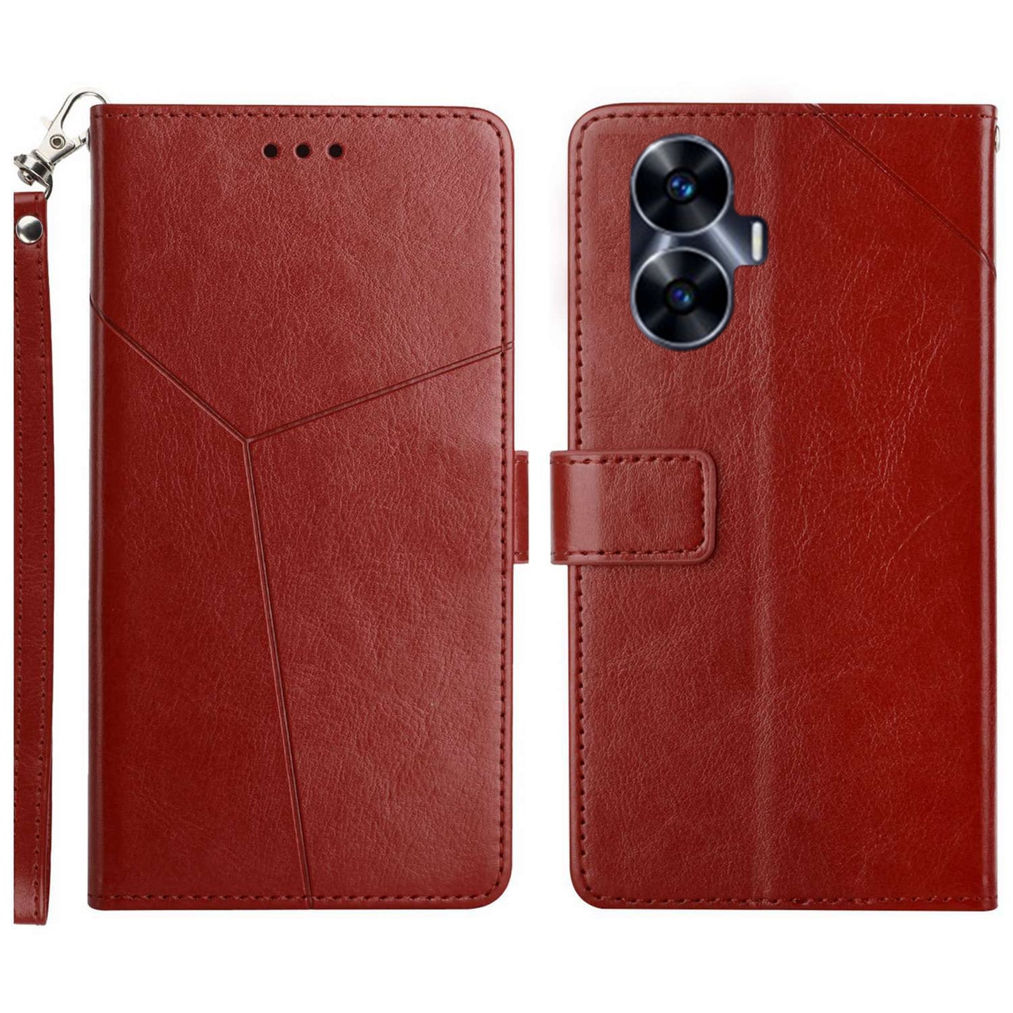 HT01 For Realme C55 Anti-drop Leather Phone Cover Imprinted Y-shaped Line Stand Wallet Phone Case
