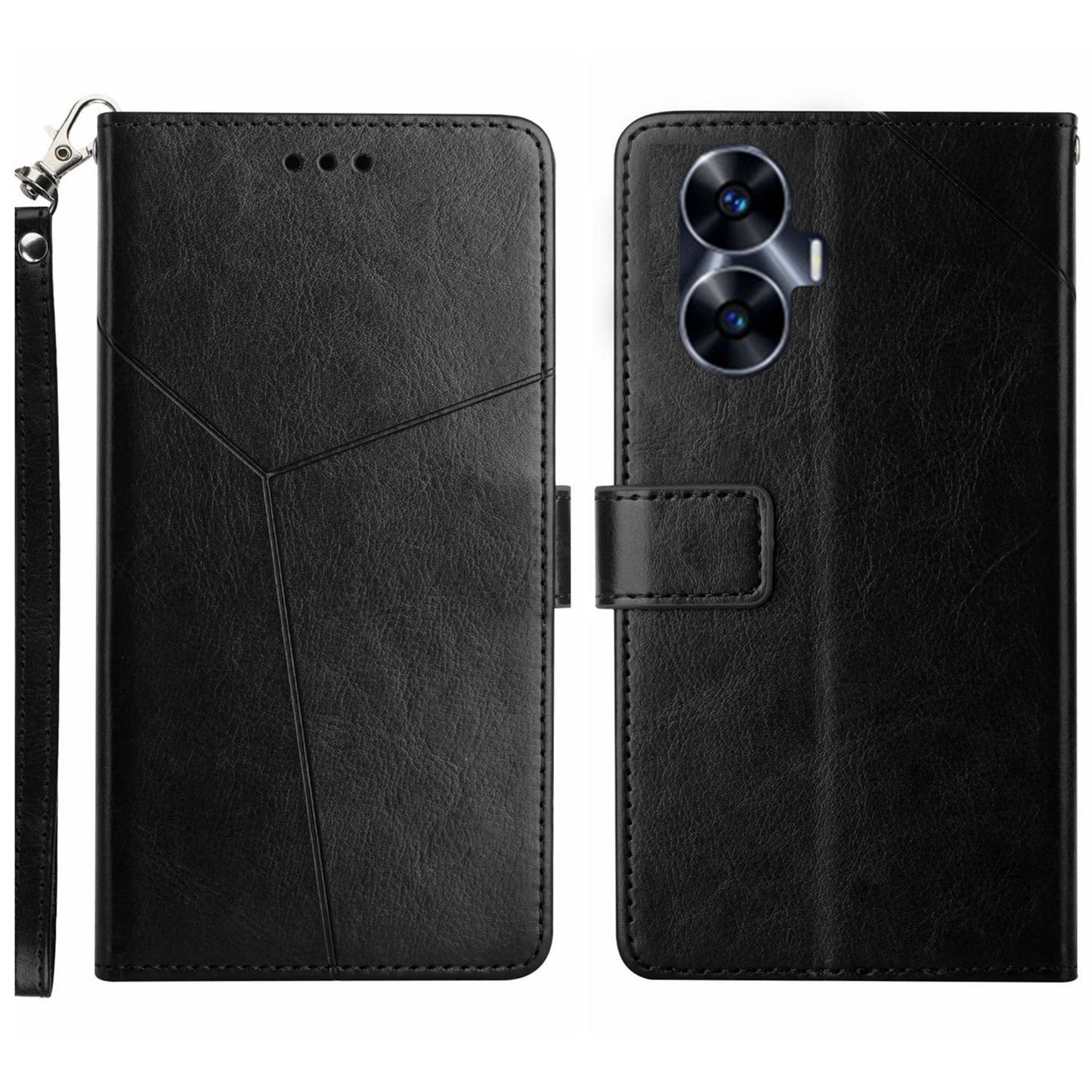 HT01 For Realme C55 Anti-drop Leather Phone Cover Imprinted Y-shaped Line Stand Wallet Phone Case