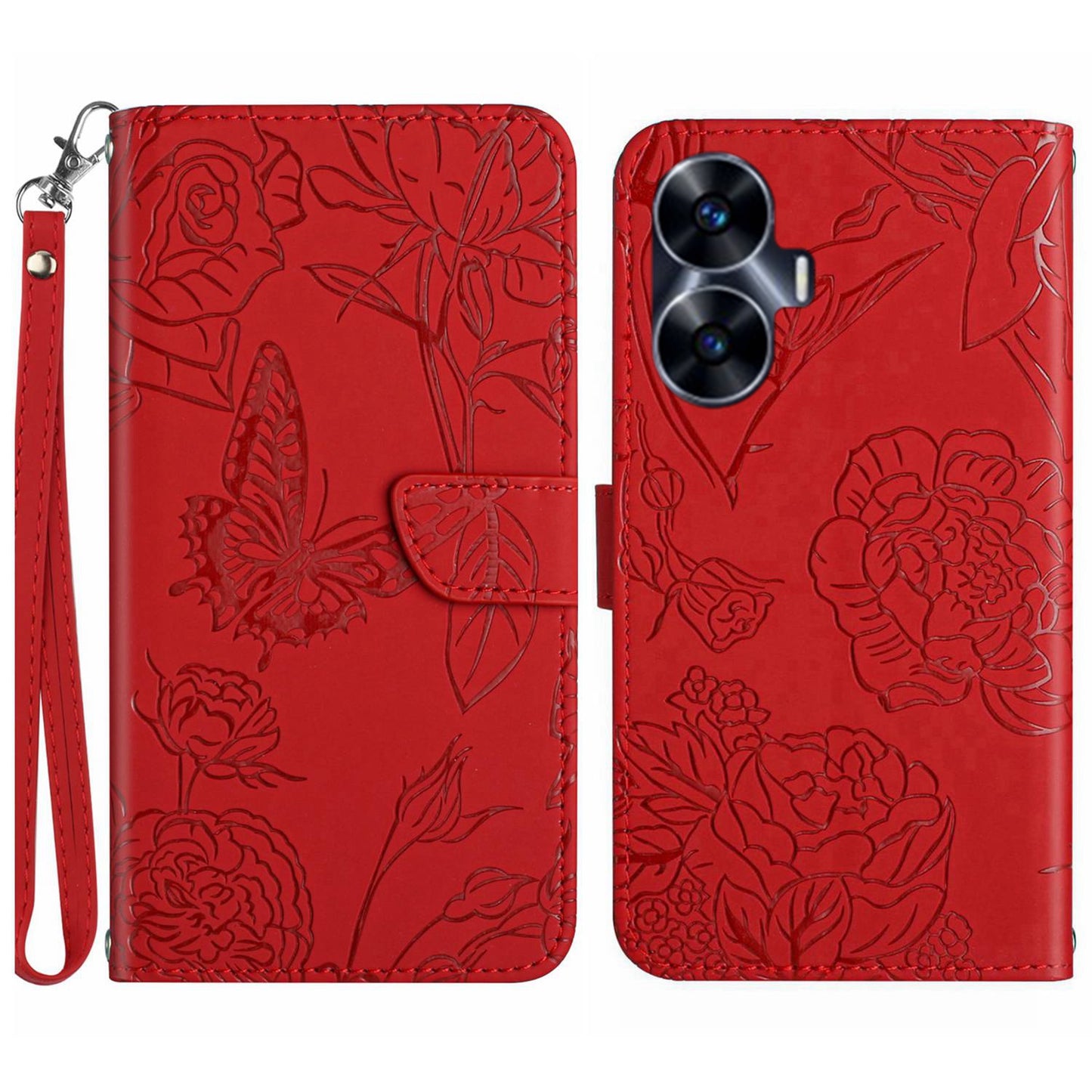 HT03 Skin-touch Imprinted Pattern Leather Phone Case For Realme C55 Stand Cover with Handy Strap
