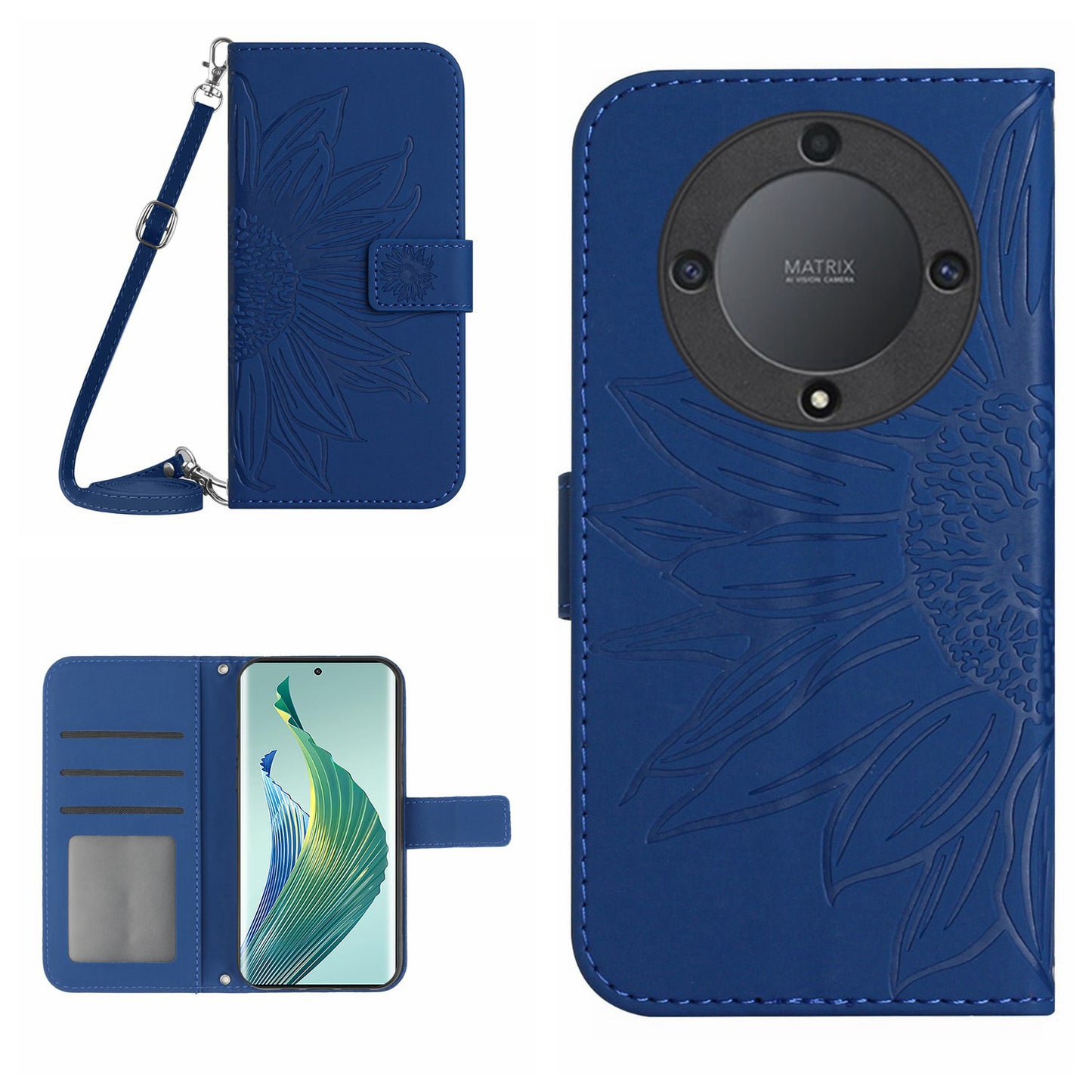 For Honor Magic5 Lite 5G / X9a 5G HT04 Leather Phone Case Sunflower Pattern Stand Wallet Cover with Shoulder Strap