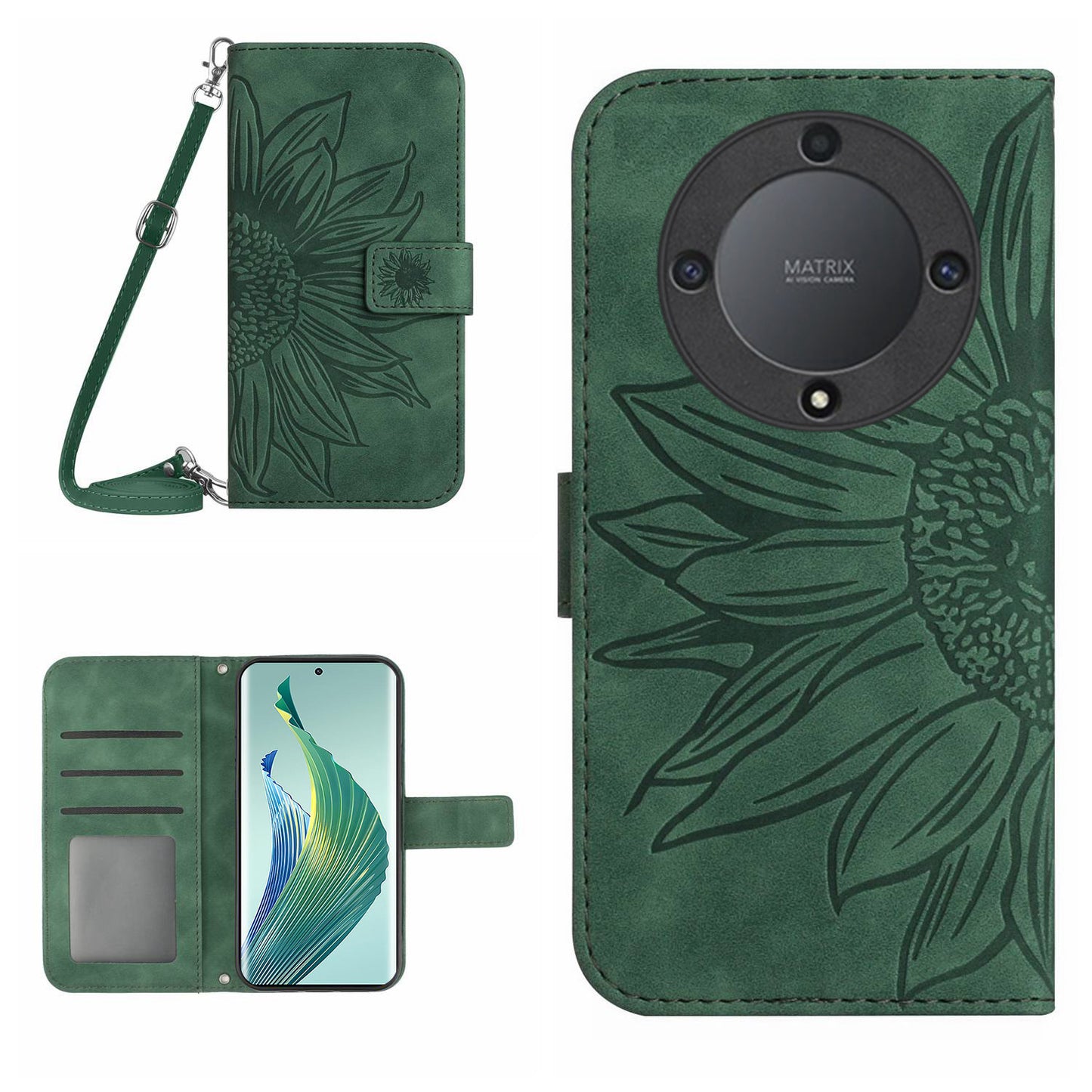 For Honor Magic5 Lite 5G / X9a 5G HT04 Leather Phone Case Sunflower Pattern Stand Wallet Cover with Shoulder Strap