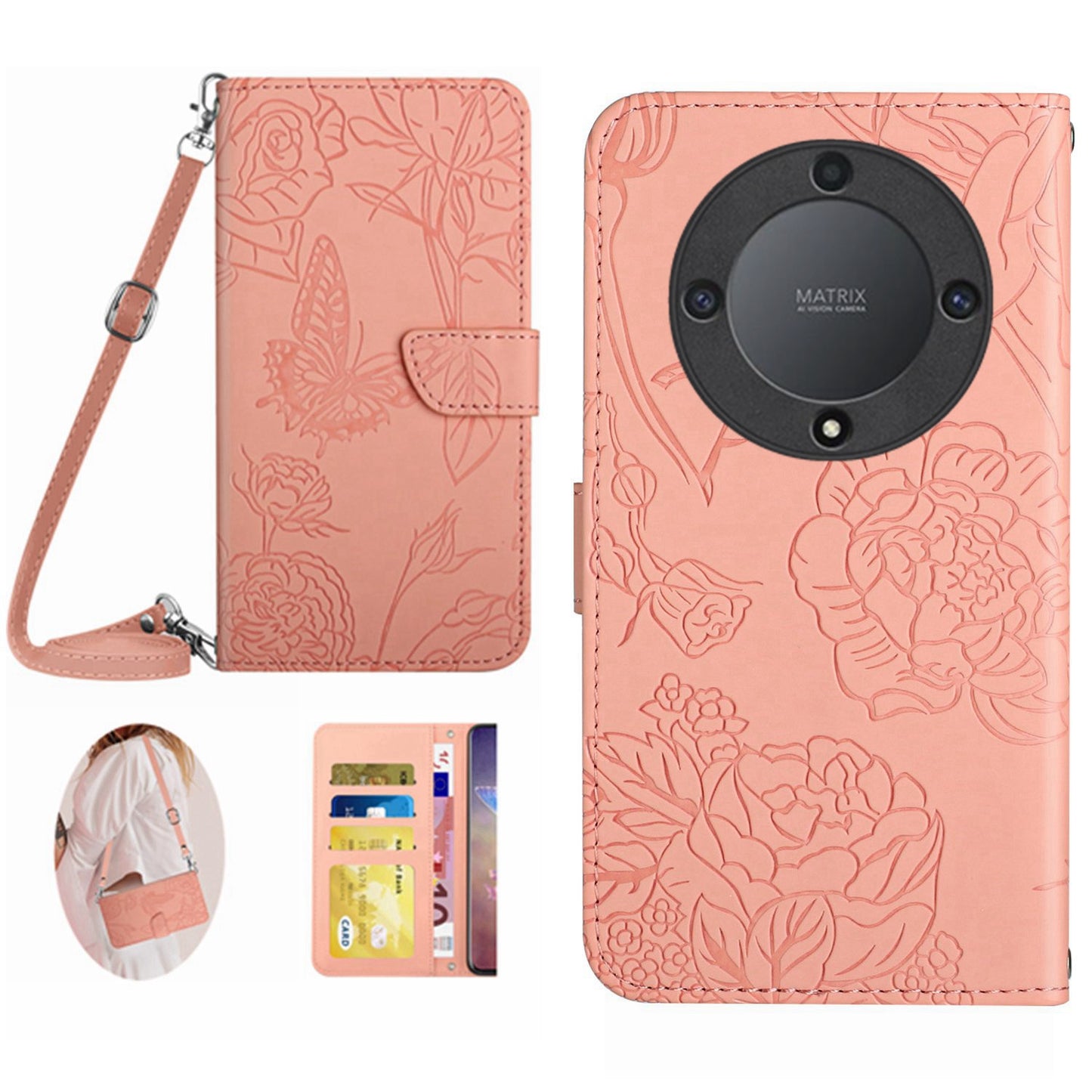 HT03 For Honor Magic5 Lite 5G / X9a 5G Phone Stand Case Butterfly Flowers Imprinted Wallet Leather Cover with Shoulder Strap