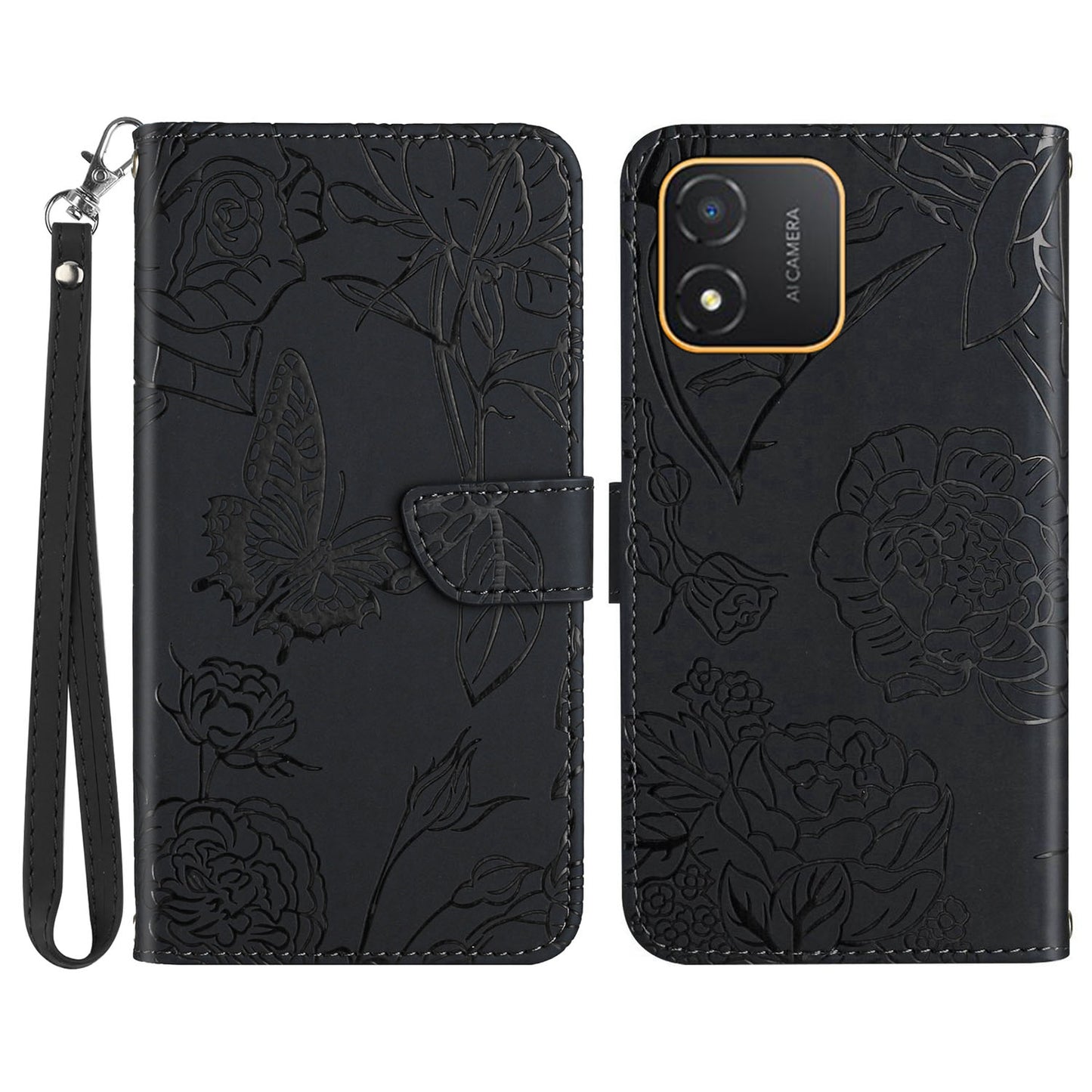 HT03 Butterfly Flowers Phone Case for Honor X5 4G , PU Leather Stand Wallet Cover with Handy Strap