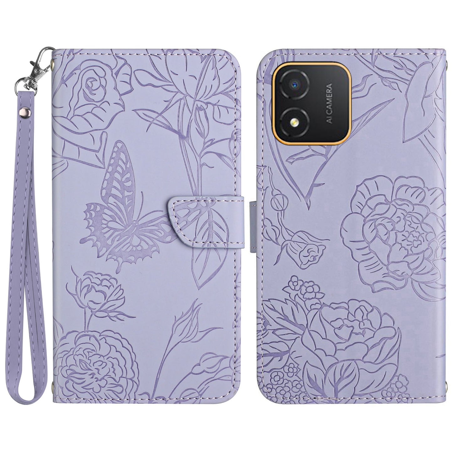 HT03 Butterfly Flowers Phone Case for Honor X5 4G , PU Leather Stand Wallet Cover with Handy Strap