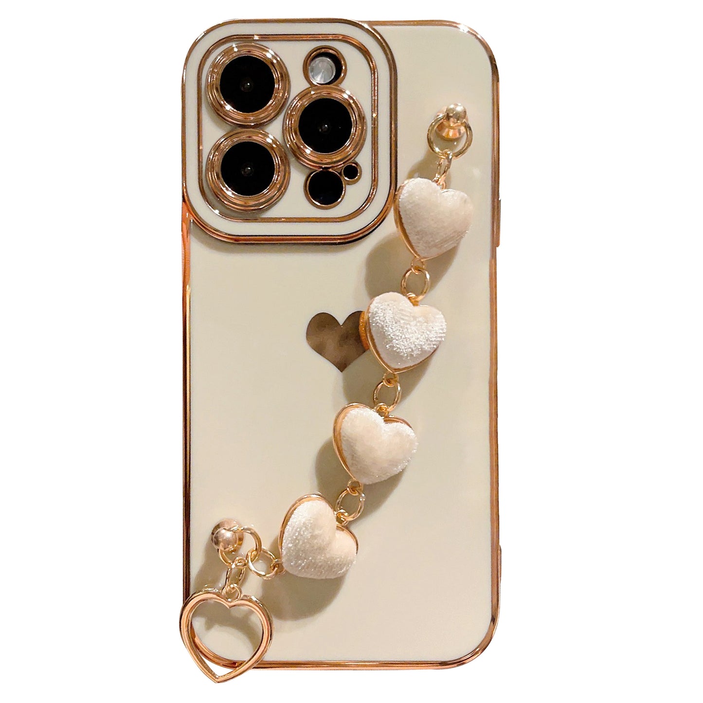 For iPhone 14 Pro Phone Case Electroplating TPU Phone Cover with Plush Love-Heart Strap