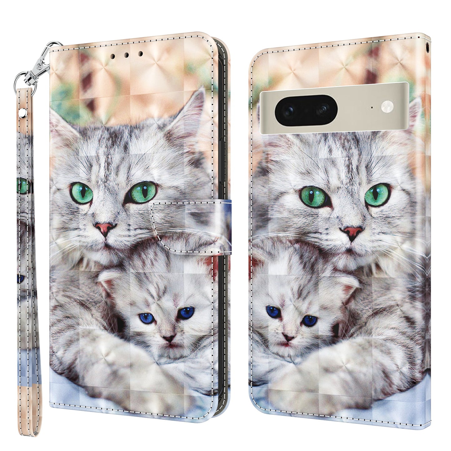 For Google Pixel 7 5G PU Leather Wallet Stand Phone Case 3D Pattern Printing Anti-drop Shell
