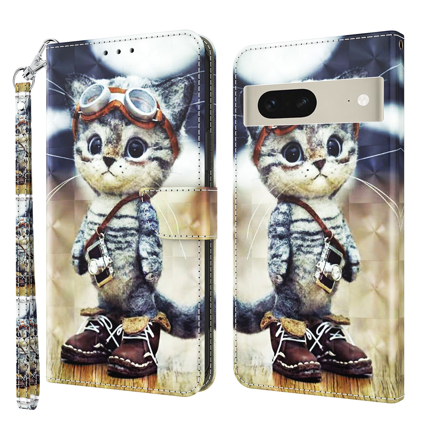 For Google Pixel 7 5G PU Leather Wallet Stand Phone Case 3D Pattern Printing Anti-drop Shell