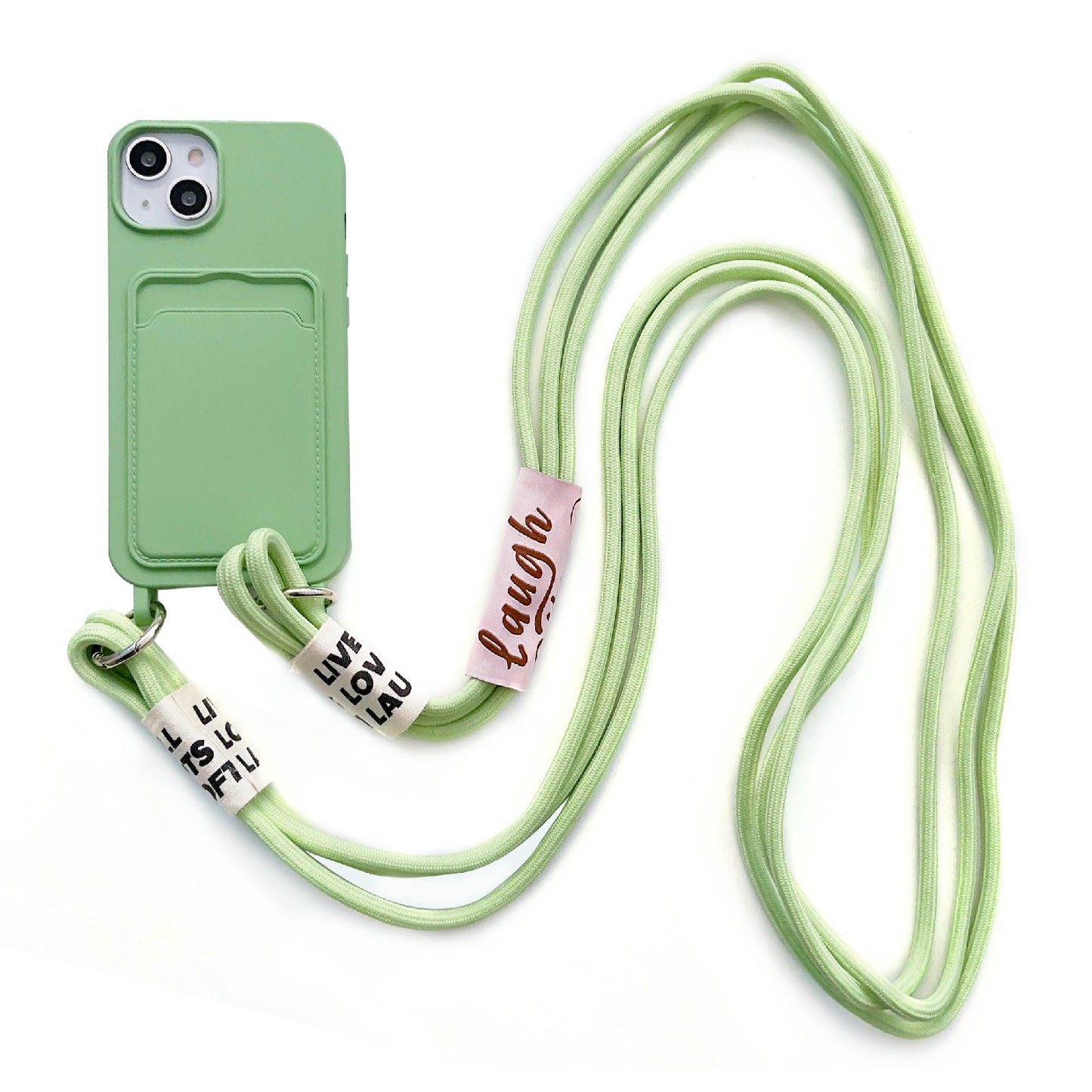 For iPhone 13 6.1 inch Liquid Silicone Card Slot Phone Case Anti-Scratch Shockproof Cover with Long Strap