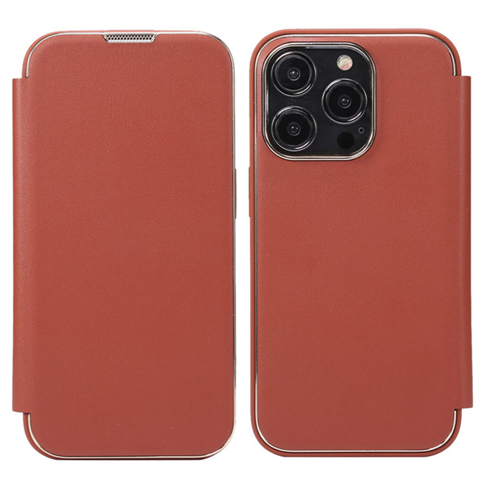 Electroplating Phone Cover for iPhone 14 Pro , Anti-Dust PU Leather+PC+TPU Phone Stand Case Shell