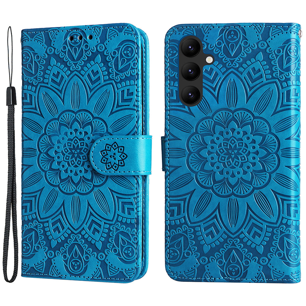 Leather Phone Case for Samsung Galaxy A24 4G , Stand Wallet Sunflower Imprinted Cover with Hand Strap