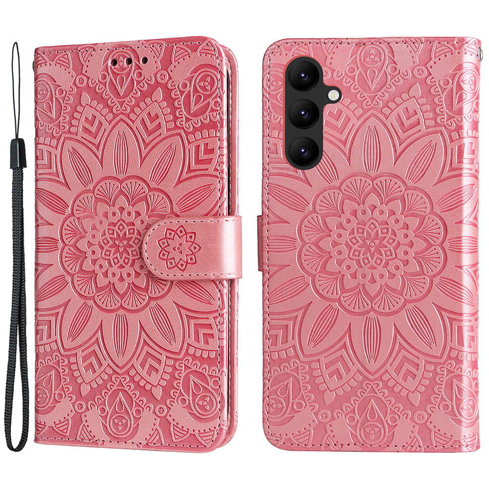 Leather Phone Case for Samsung Galaxy A24 4G , Stand Wallet Sunflower Imprinted Cover with Hand Strap