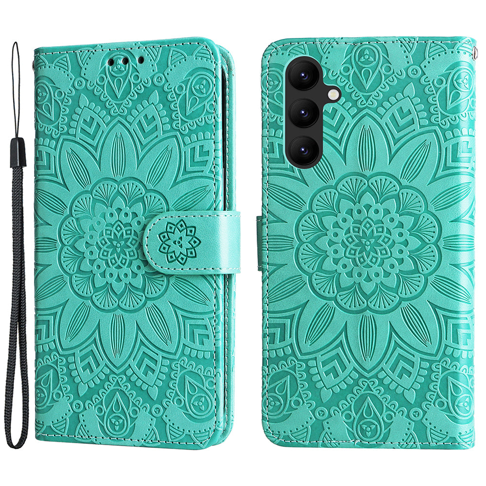 Leather Phone Case for Samsung Galaxy A24 4G , Stand Wallet Sunflower Imprinted Cover with Hand Strap