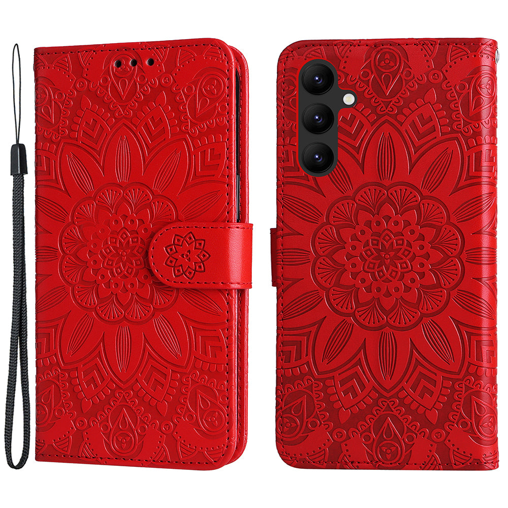 Leather Phone Case for Samsung Galaxy A24 4G , Stand Wallet Sunflower Imprinted Cover with Hand Strap