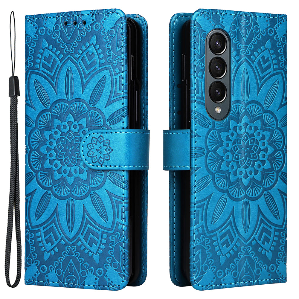 For Samsung Galaxy Z Fold4 5G Leather Stand Phone Case Sunflower Imprinted Wallet Folding Phone Cover with Strap