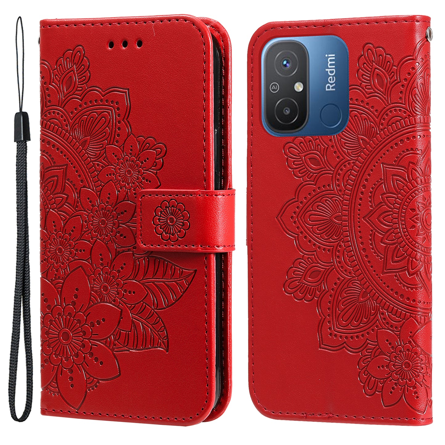For Xiaomi Redmi 12C 4G / 11A 4G Phone Cover Flower Imprinting Leather Stand Wallet Case with Strap