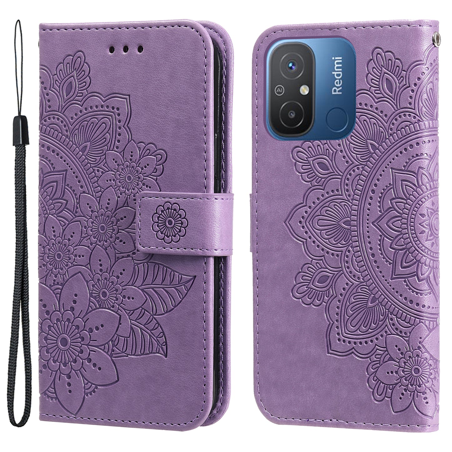 For Xiaomi Redmi 12C 4G / 11A 4G Phone Cover Flower Imprinting Leather Stand Wallet Case with Strap