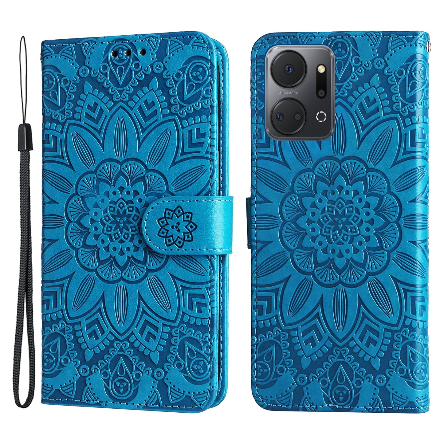 Phone Stand Case for Honor X7a 5G , PU Leather Sunflower Imprinted Wallet Phone Cover with Hand Strap