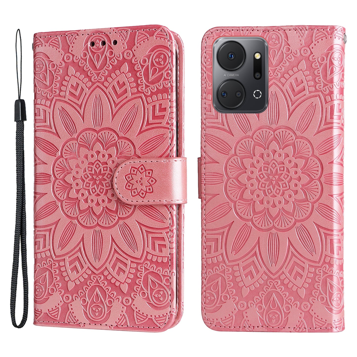 Phone Stand Case for Honor X7a 5G , PU Leather Sunflower Imprinted Wallet Phone Cover with Hand Strap