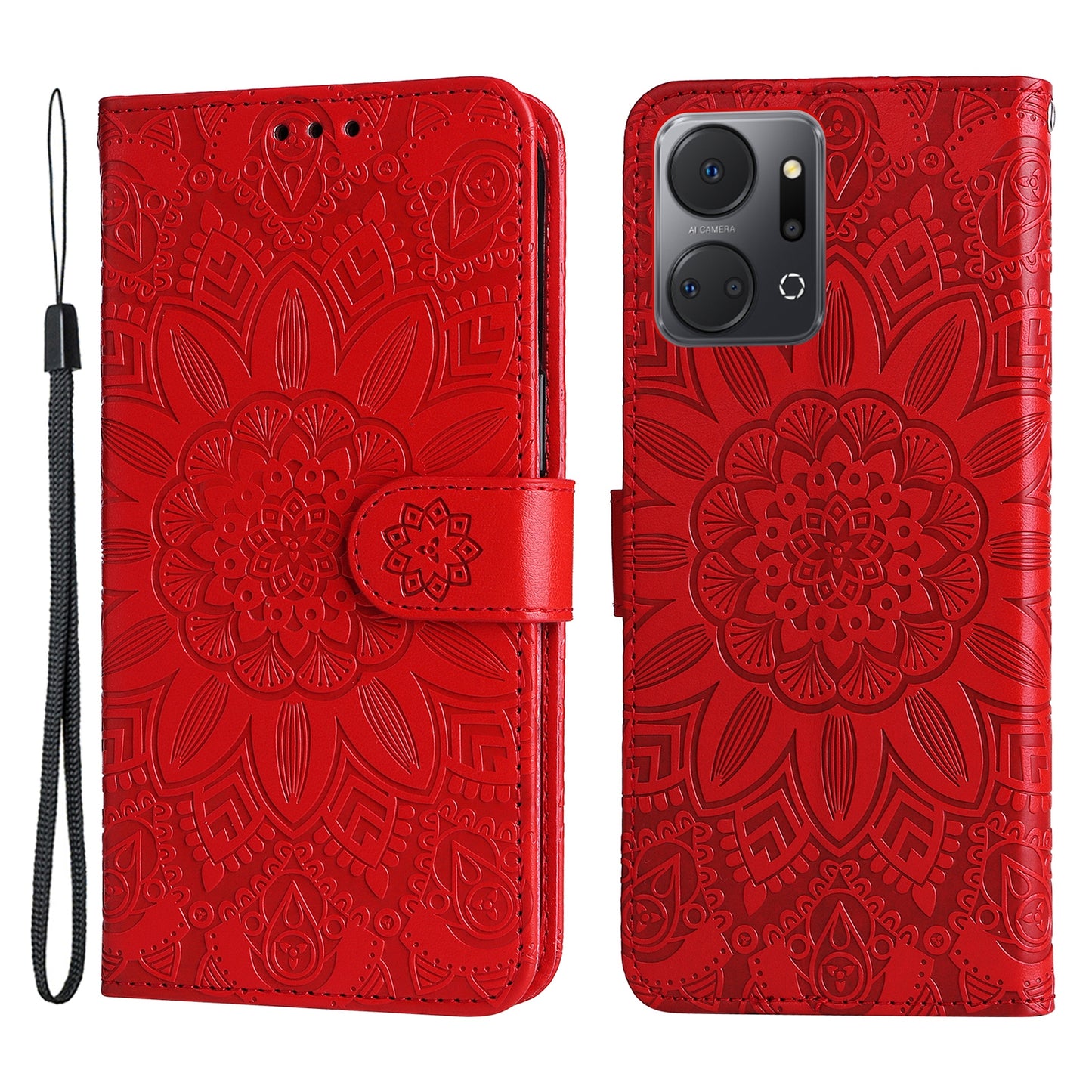 Phone Stand Case for Honor X7a 5G , PU Leather Sunflower Imprinted Wallet Phone Cover with Hand Strap