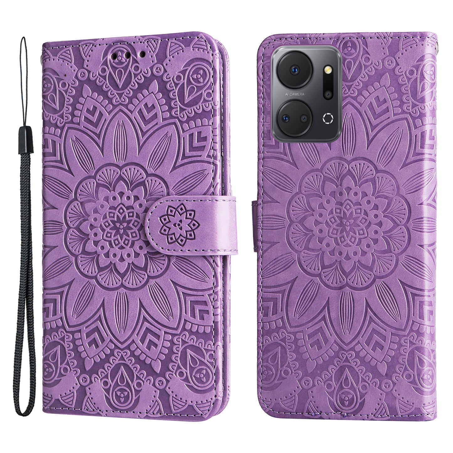 Phone Stand Case for Honor X7a 5G , PU Leather Sunflower Imprinted Wallet Phone Cover with Hand Strap