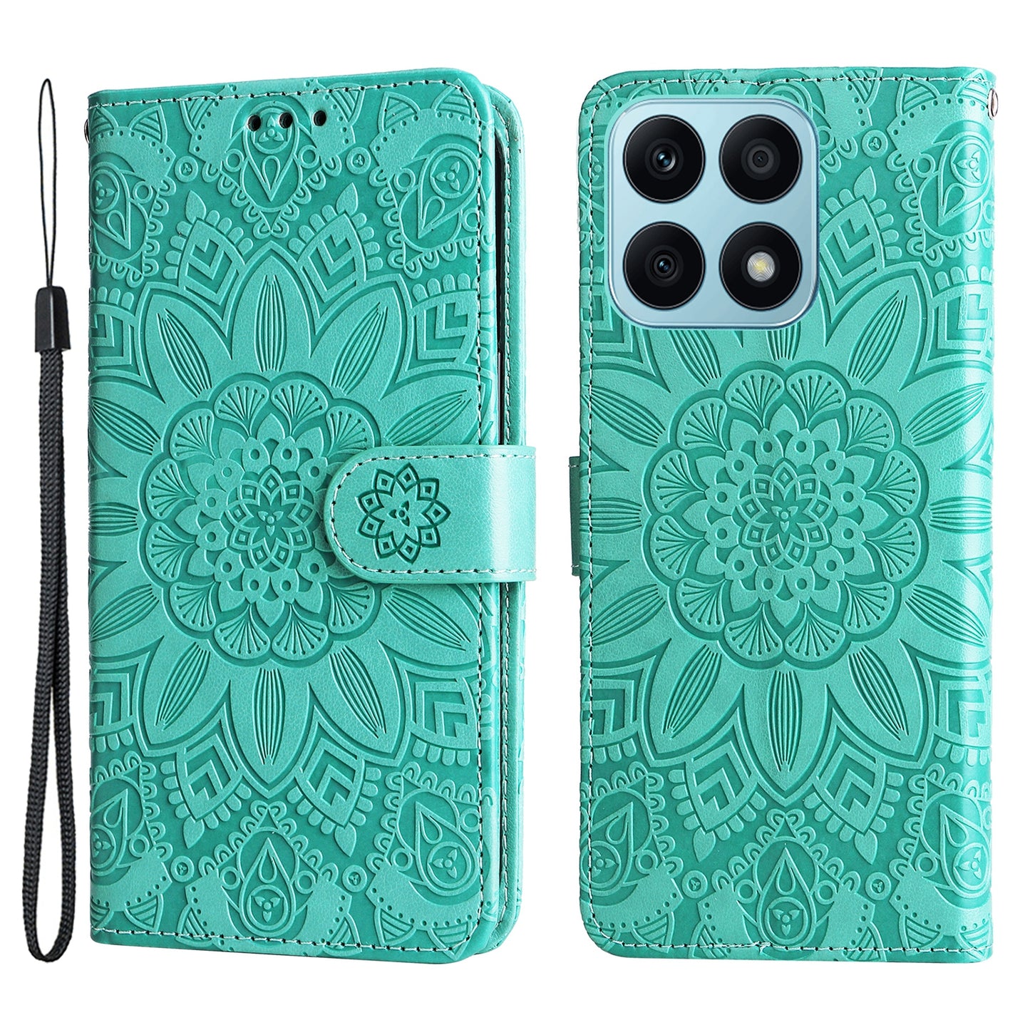 For Honor X8a 4G PU Leather Phone Wallet Case Stand Sunflower Imprinted Phone Cover with Hand Strap