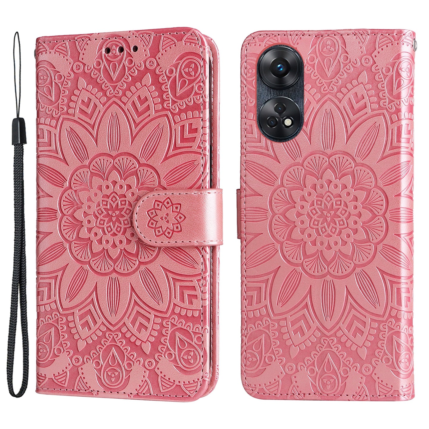 For Oppo Reno8 T 4G Sunflower Imprinted Phone Case Stand Wallet Leather Cover with Hand Strap